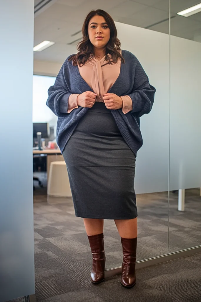Plus Size Midi Skirt with Tucked-In Blouse and Oversized Sweater