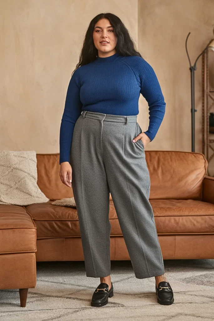 Plus Size Mock Neck Sweater with Wool Blend Trousers Outfit