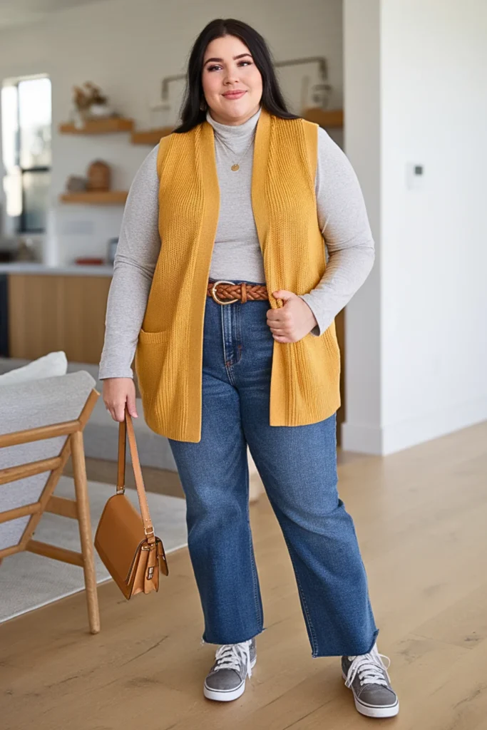 Plus Size Mustard Knit Vest with Gray Basics Outfit