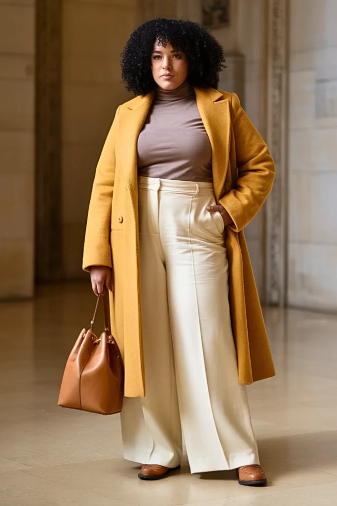 Plus Size Mustard Yellow Coat with Neutral Palette Outfit