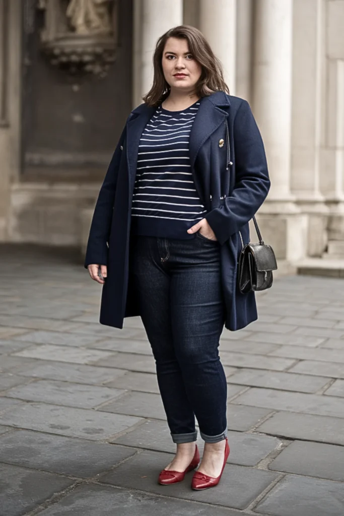 Plus Size Navy Pea Coat with Striped Breton Top Outfit