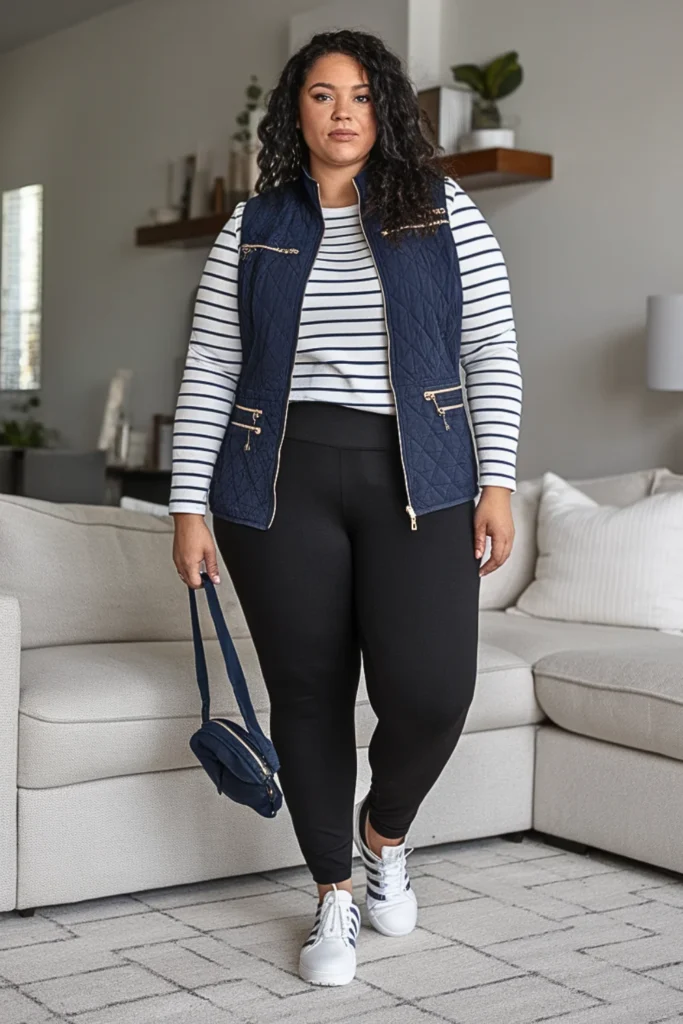 Plus Size Navy Quilted Vest with Striped Top Outfit