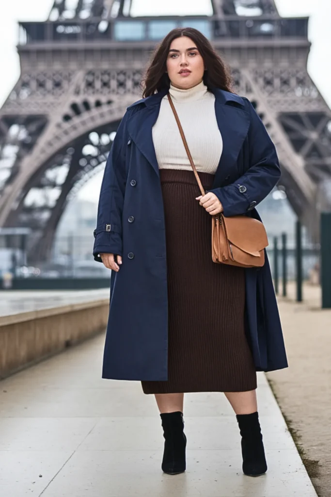 Plus Size Navy Trench Coat with Midi Skirt Outfit