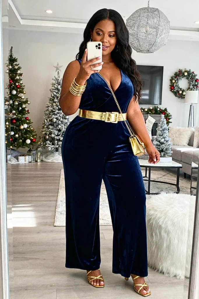 Plus Size Navy Velvet Jumpsuit with Gold Accessories Outfit