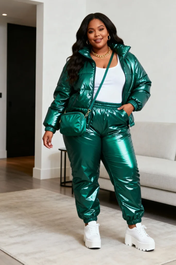 Plus Size Nylon Tracksuit Two-Piece Shiny Active Wear Outfit