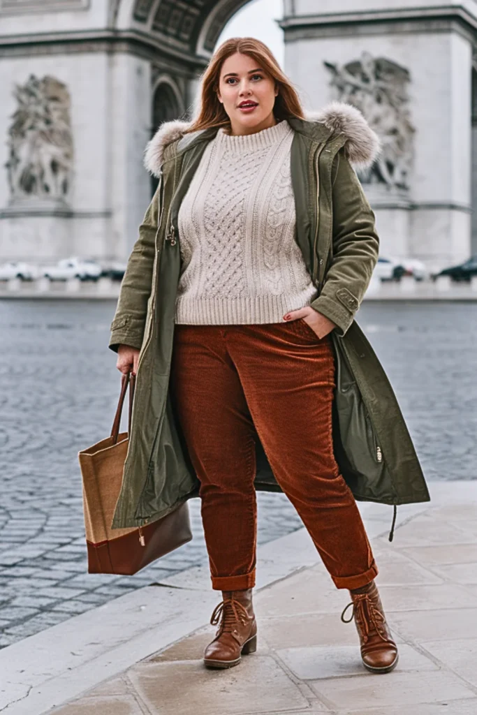 Plus Size Olive Green Parka with Corduroy Trousers Outfit
