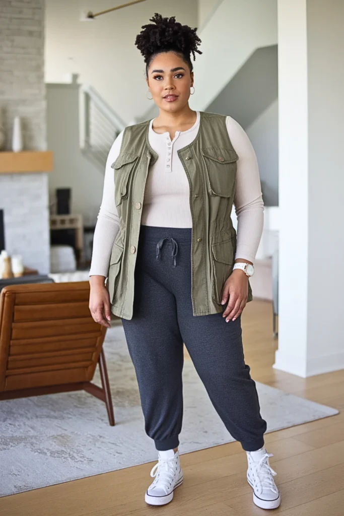 Plus Size Olive Green Utility Vest with Henley Outfit
