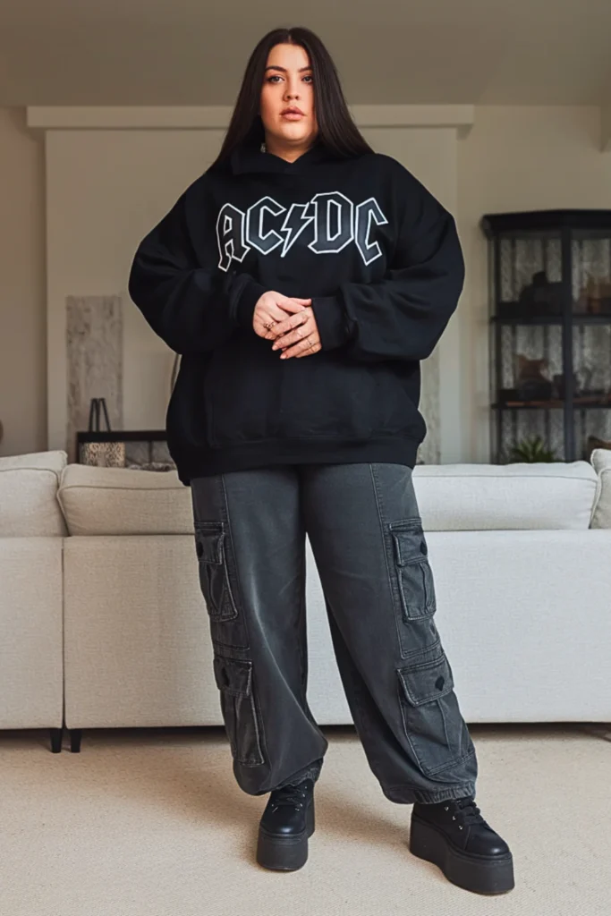 Plus Size Oversized Band Hoodie With Cargo Pants Goth Outfit