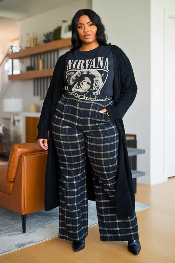 Plus Size Oversized Band Tee With Plaid Pants Goth Outfit