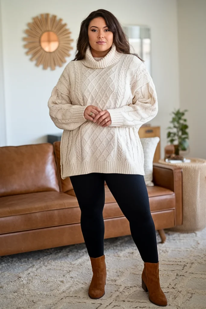 Plus Size Oversized Cable Knit Sweater with Fleece-Lined Leggings Outfit