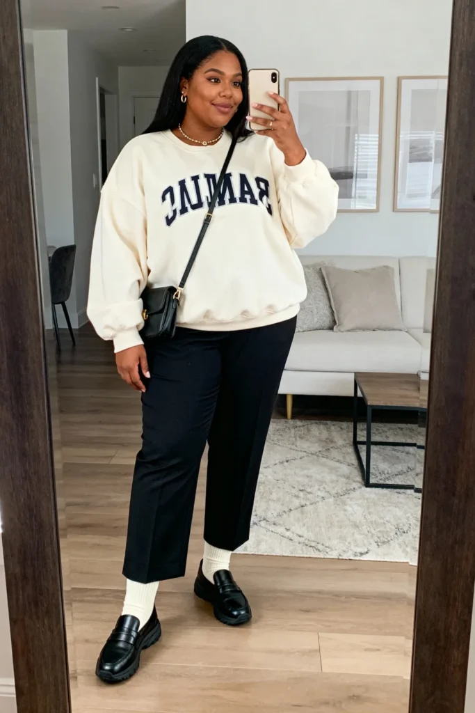 Plus Size Oversized College Sweatshirt with Tailored Trousers Smart Casual
