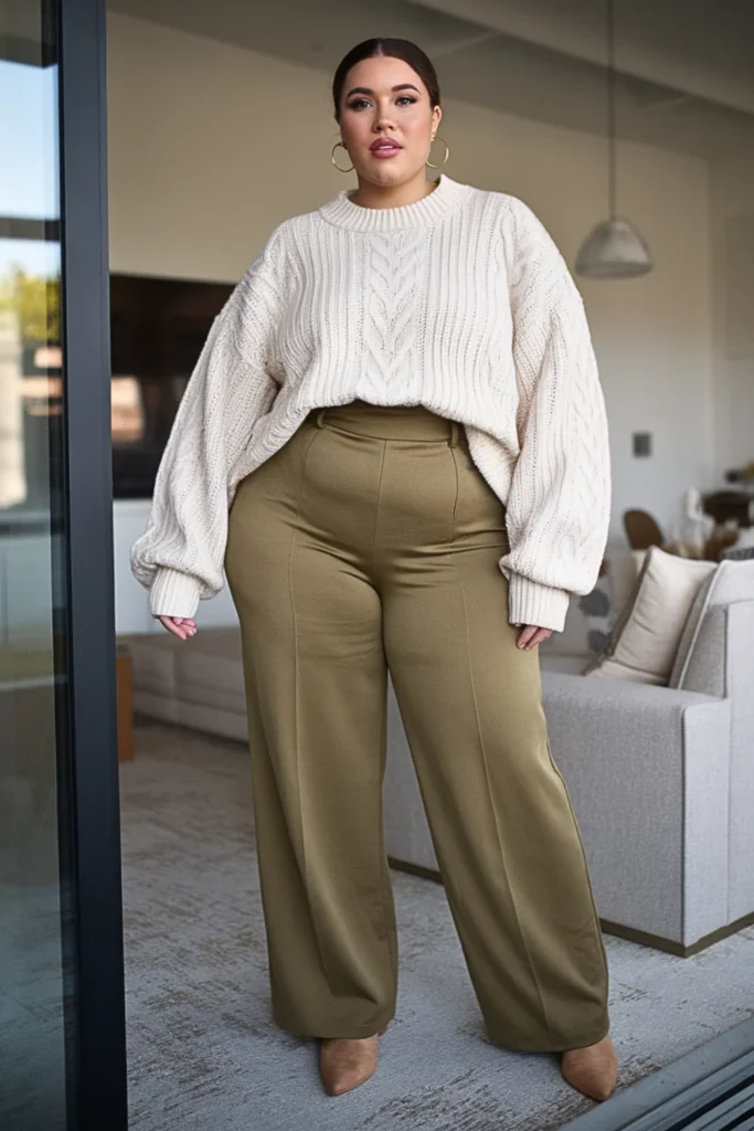 Plus Size Oversized Cream Sweater With Wide Leg Trousers Outfit