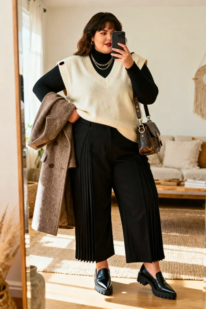 Plus Size Oversized Sweater Vest with Long Sleeve Tee Outfit