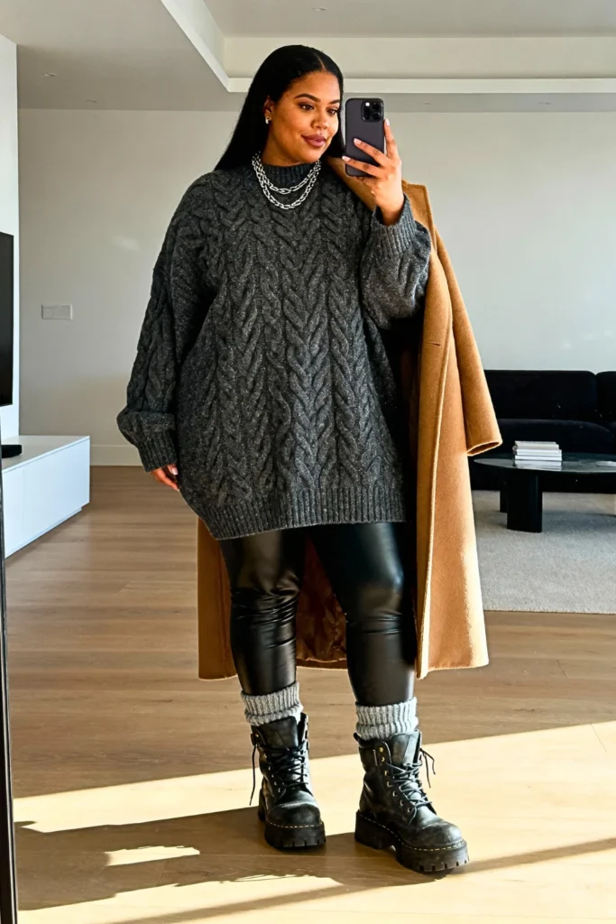 Plus Size Oversized Sweater with Leather Leggings Outfit