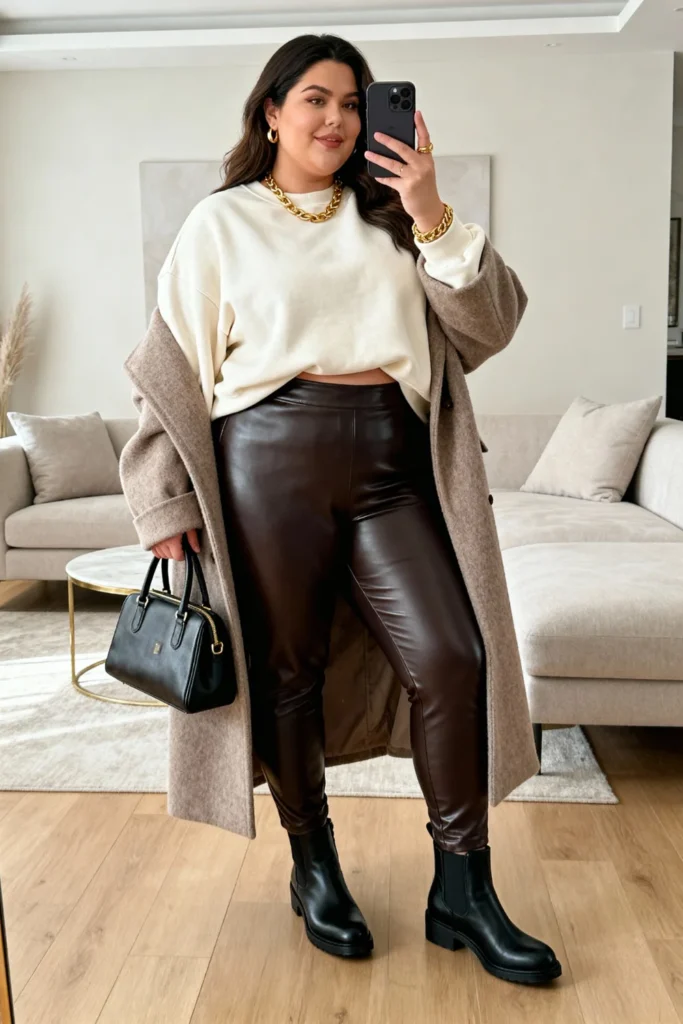 Plus Size Oversized Sweatshirt with Leather Leggings Streetwear Style