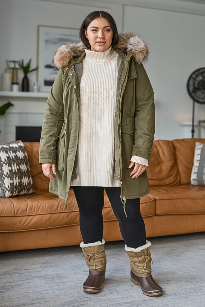 Plus Size Parka with Leggings and Duck Boots Winter Outfit