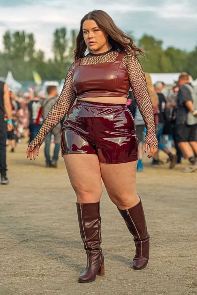 Plus Size Patent Leather Shorts with Fishnet Top Festival Outfit