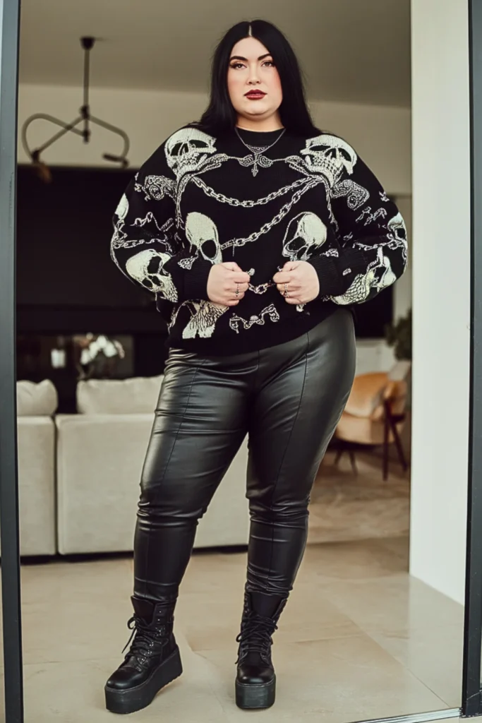 Plus Size Patterned Sweater With Leather Pants Alt Outfit
