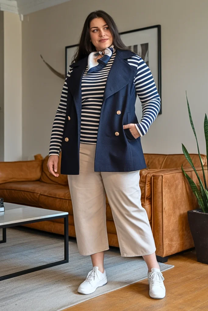 Plus Size Peacoat With Striped Shirt And Cropped Pants Outfit