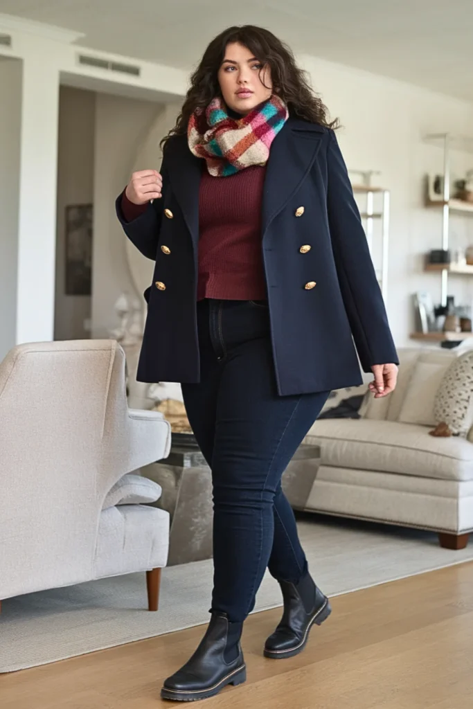 Plus Size Peacoat with Jeans and Chelsea Boots Winter Outfit