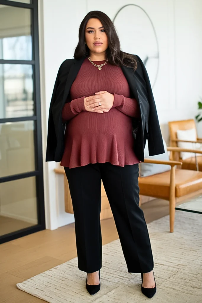 Plus Size Peplum Sweater with Straight Leg Pants Outfit