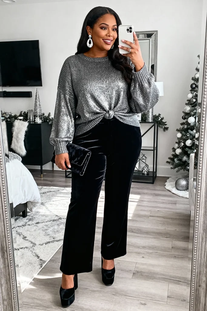 Plus Size Pewter Metallic Knit Top with Velvet Trousers Outfit