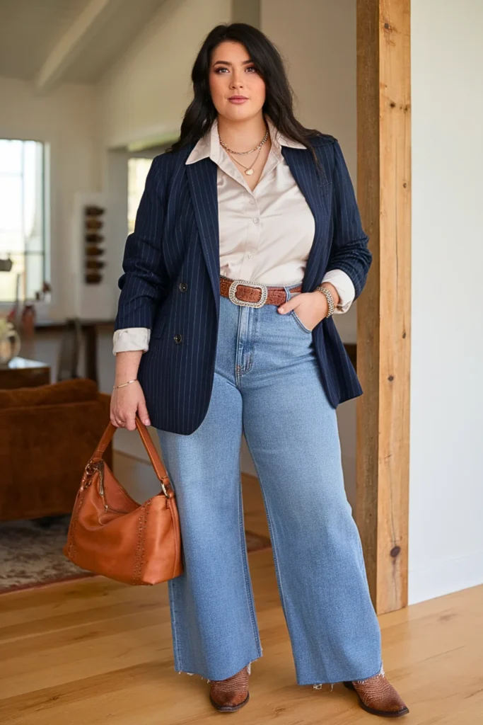 Plus Size Pinstripe Blazer with Wide-Leg Jeans Classic Western Outfit