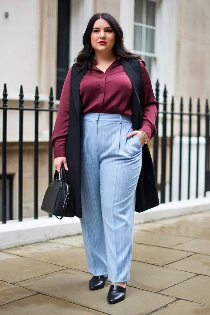 Plus Size Pinstripe Trousers with Silk Blouse Outfit