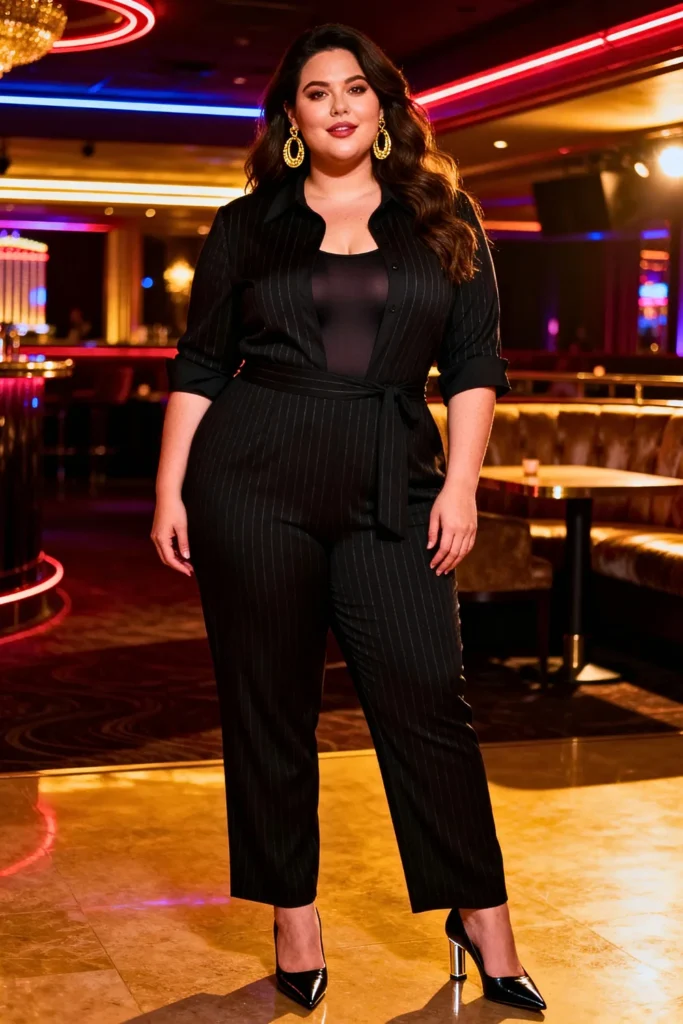 Plus Size Pinstriped Jumpsuit with Pointed Collar and Statement Earrings Outfit