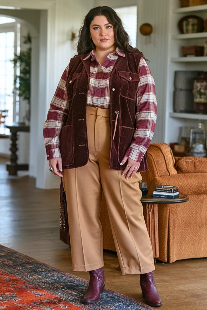 Plus Size Plaid Button-Up with Corduroy Vest Nashville Ensemble