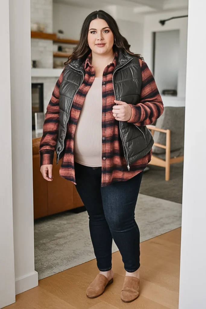 Plus Size Plaid Maternity Shirt with Dark Wash Jeans Outfit