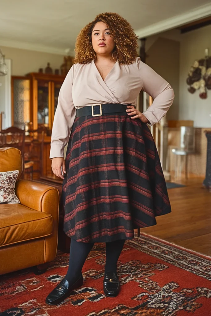 Plus Size Plaid Midi Skirt with Tucked Blouse