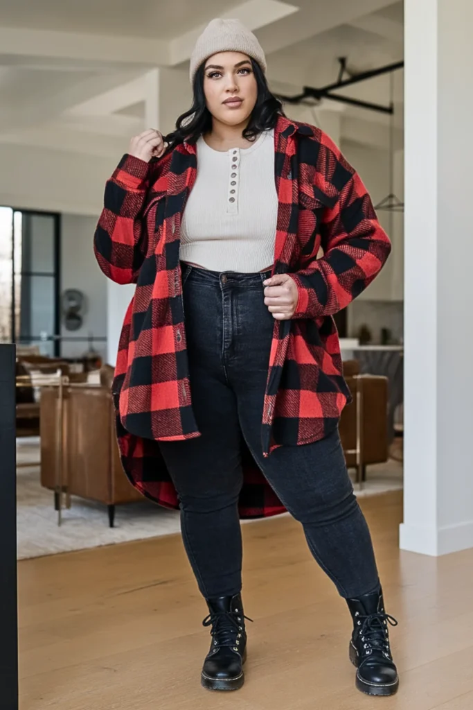 Plus Size Plaid Shacket Over Thermal Henley Winter Outfit