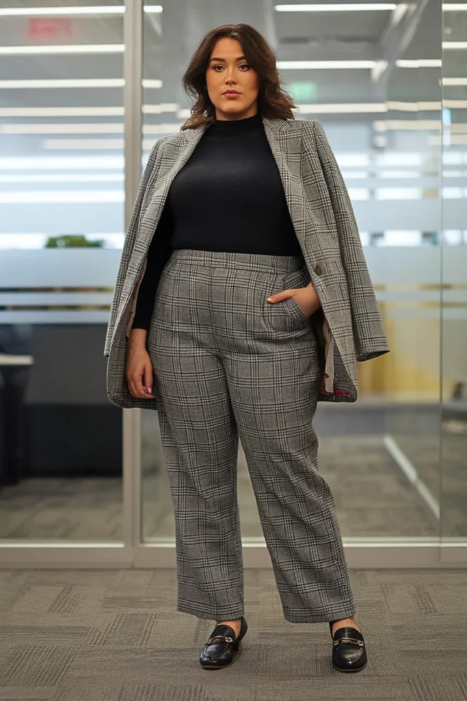 Plus Size Plaid Trousers with Fitted Sweater and Blazer