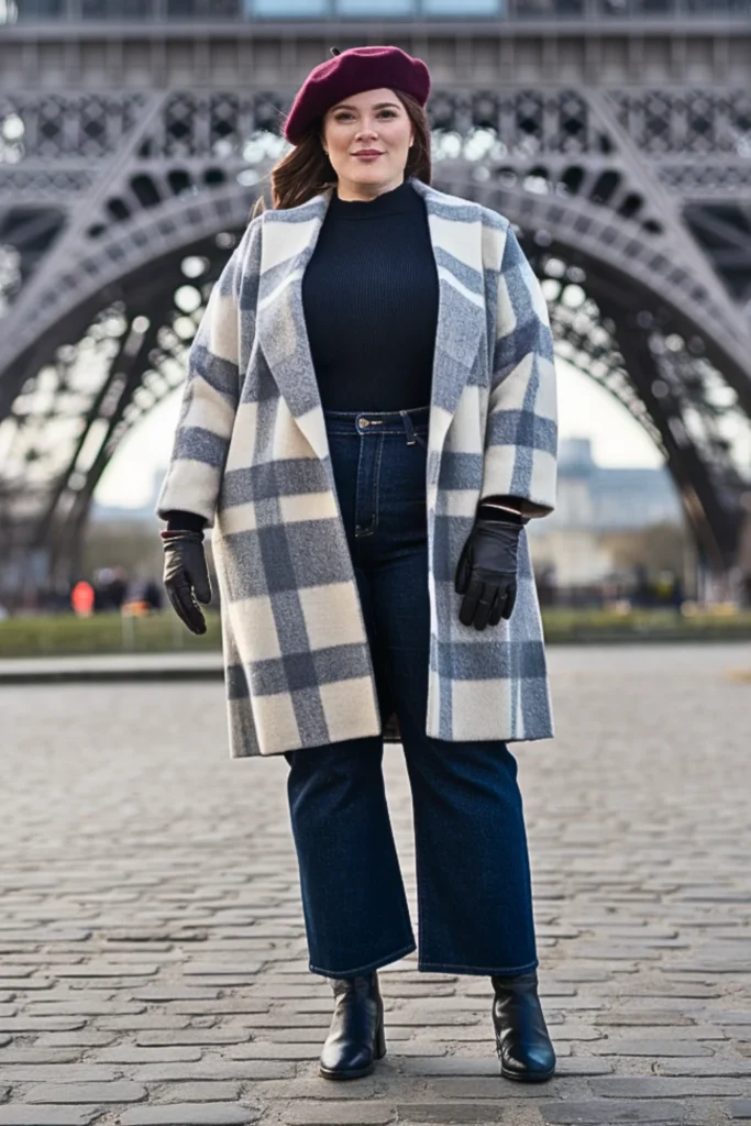 Plus Size Plaid Wool Coat with Straight-Leg Jeans Outfit
