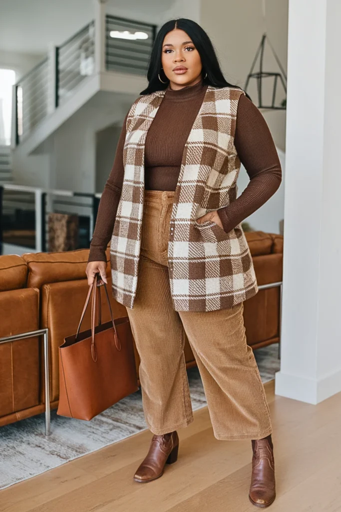 Plus Size Plaid Wool Vest with Mock Neck Sweater Outfit