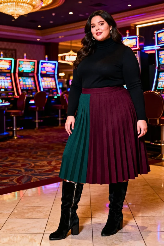 Plus Size Pleated Midi Skirt with Fitted Turtleneck and Over-the-Knee Boots Outfit