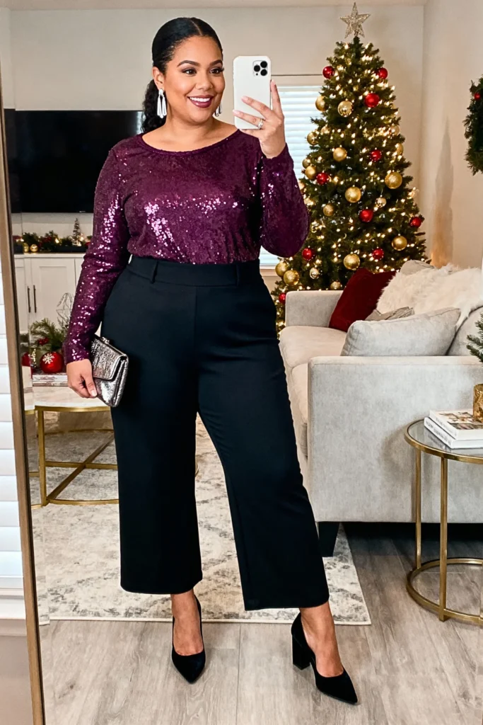 Plus Size Plum Purple Sequin Top With Black Wide-Leg Trousers Outfit