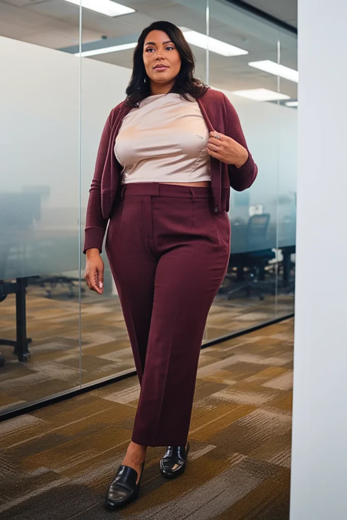 Plus Size Ponte Pants with Silk Shell and Cropped Sweater