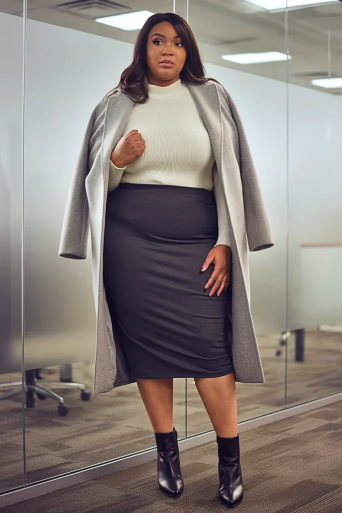 Plus Size Ponte Pencil Skirt with Fitted Sweater and Long Wool Coat