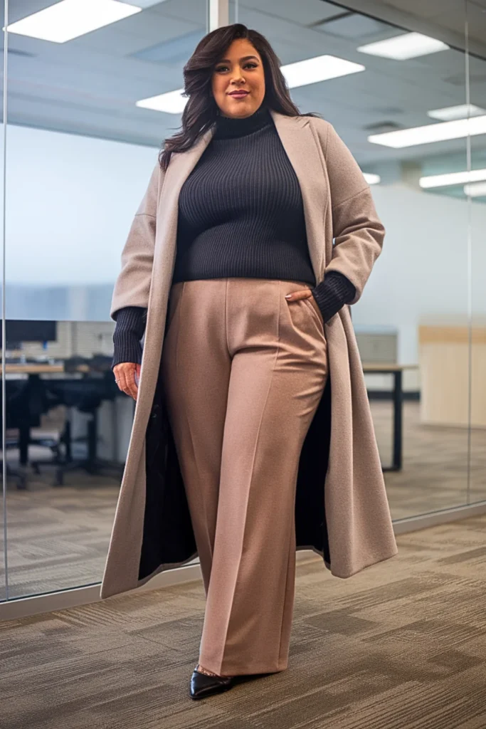 Plus Size Ponte Trousers with Monochrome Sweater and Duster Coat