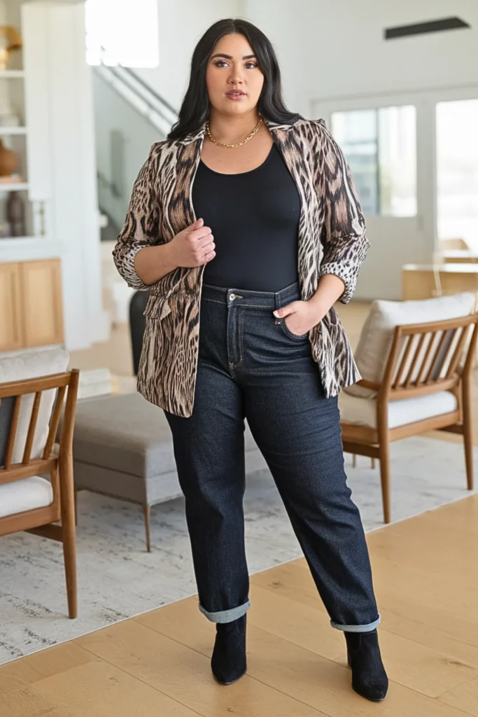 Plus Size Printed Blazer with Denim Outfit