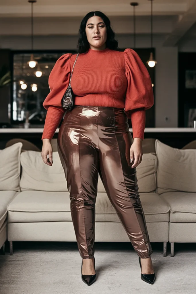 Plus Size Puff Sleeve Sweater with Vinyl Pants Outfit