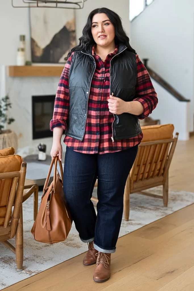 Plus Size Puffer Vest with Flannel and Jeans Winter Outfit