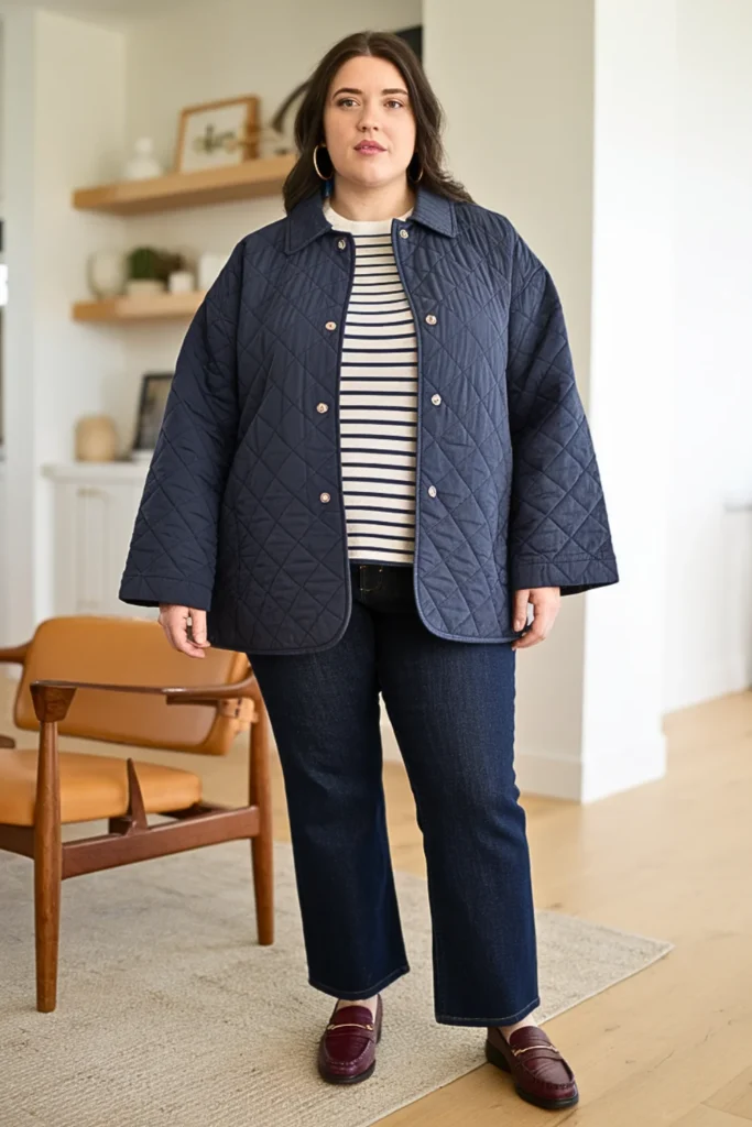 Plus Size Quilted Jacket with Jeans and Loafers Winter Outfit