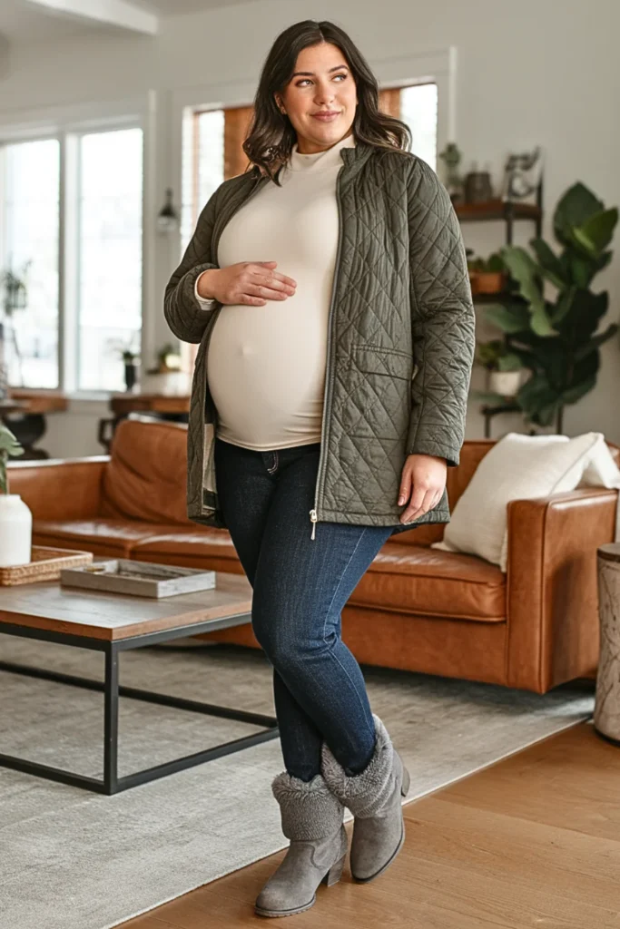 Plus Size Quilted Jacket with Mock Neck Top and Jeans Outfit