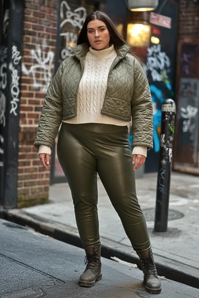 Plus Size Quilted Puffer Jacket with Leather Leggings Winter Outfit