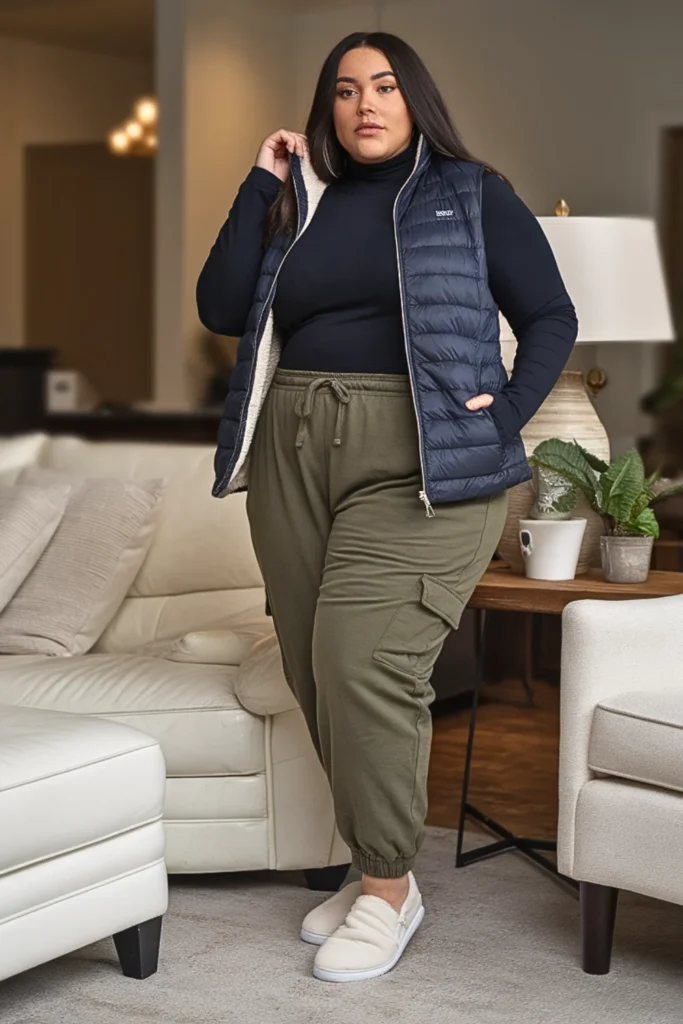 Plus Size Quilted Puffer Vest Layered Over Turtleneck Outfit