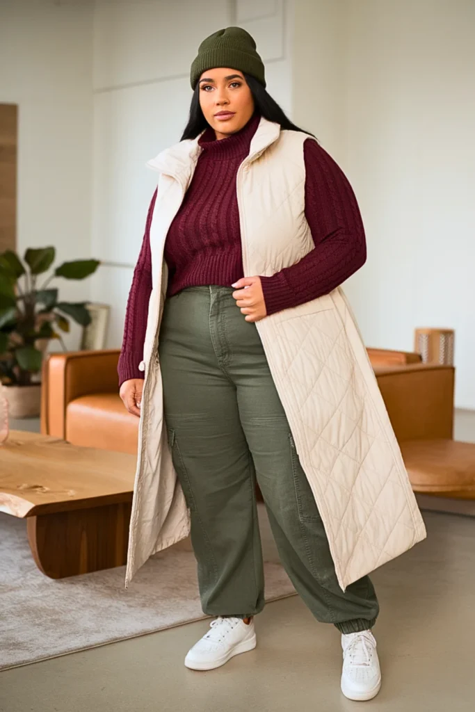 Plus Size Quilted Puffer Vest Over Fitted Sweater Casual Sporty Look