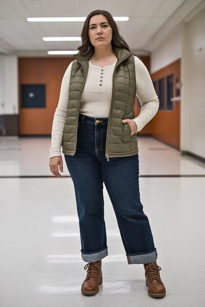 Plus Size Quilted Vest and Henley Outfit